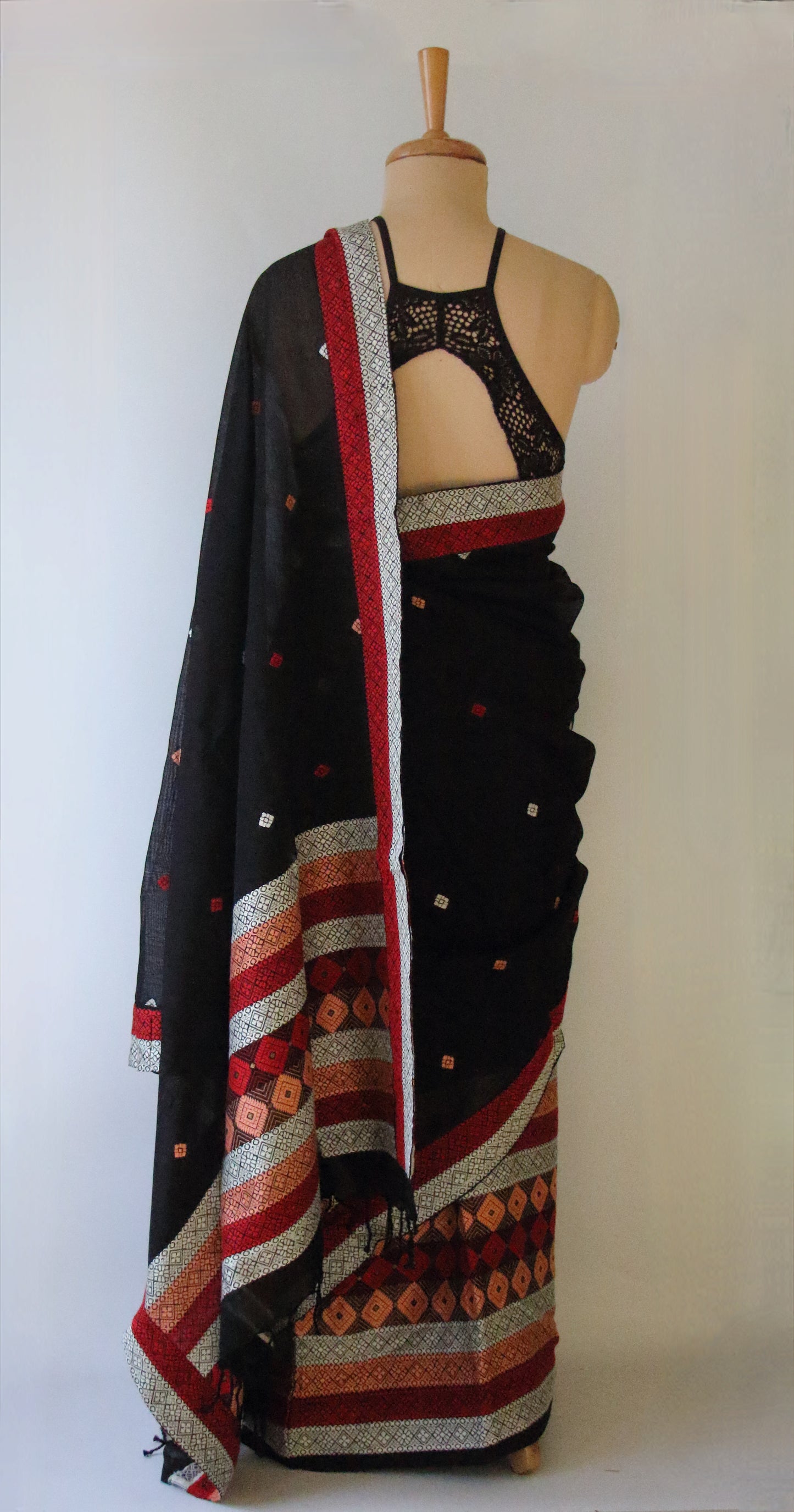 Black Cotton Silk Handloom Mekhela Chador Set from Assam