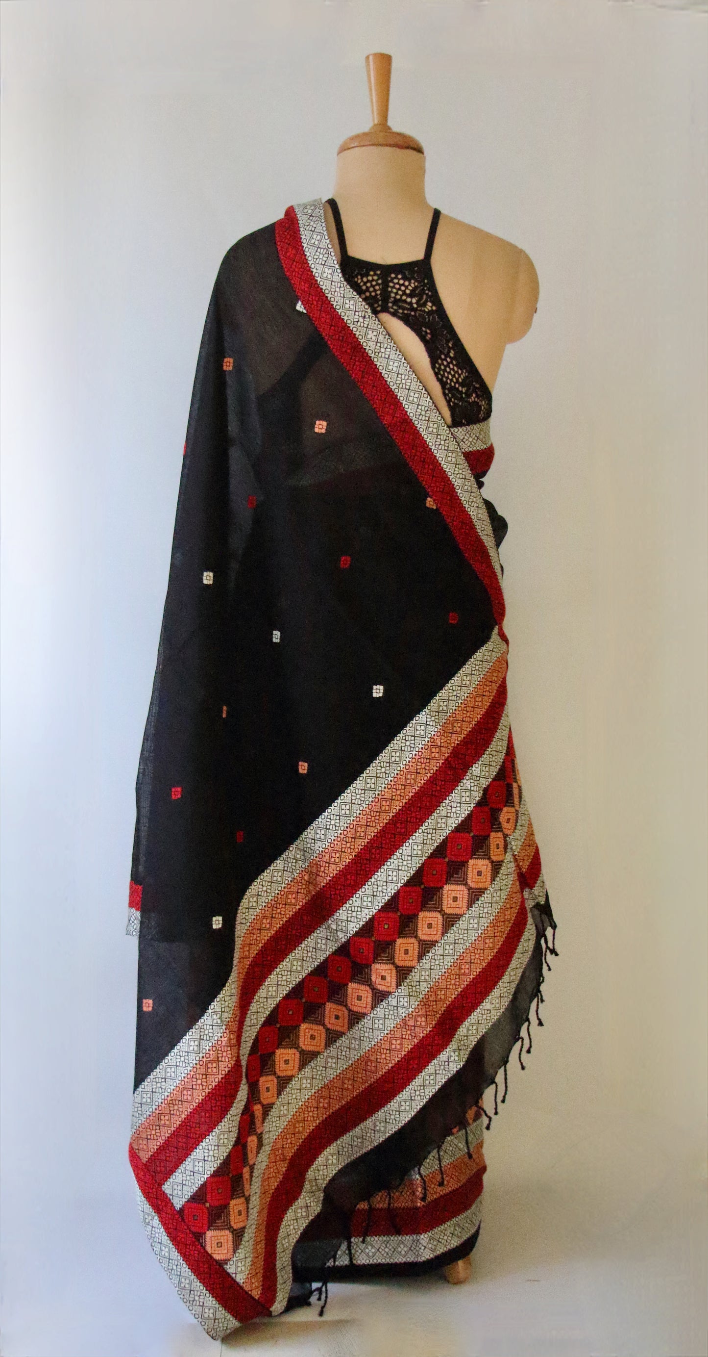Black Cotton Silk Handloom Mekhela Chador Set from Assam