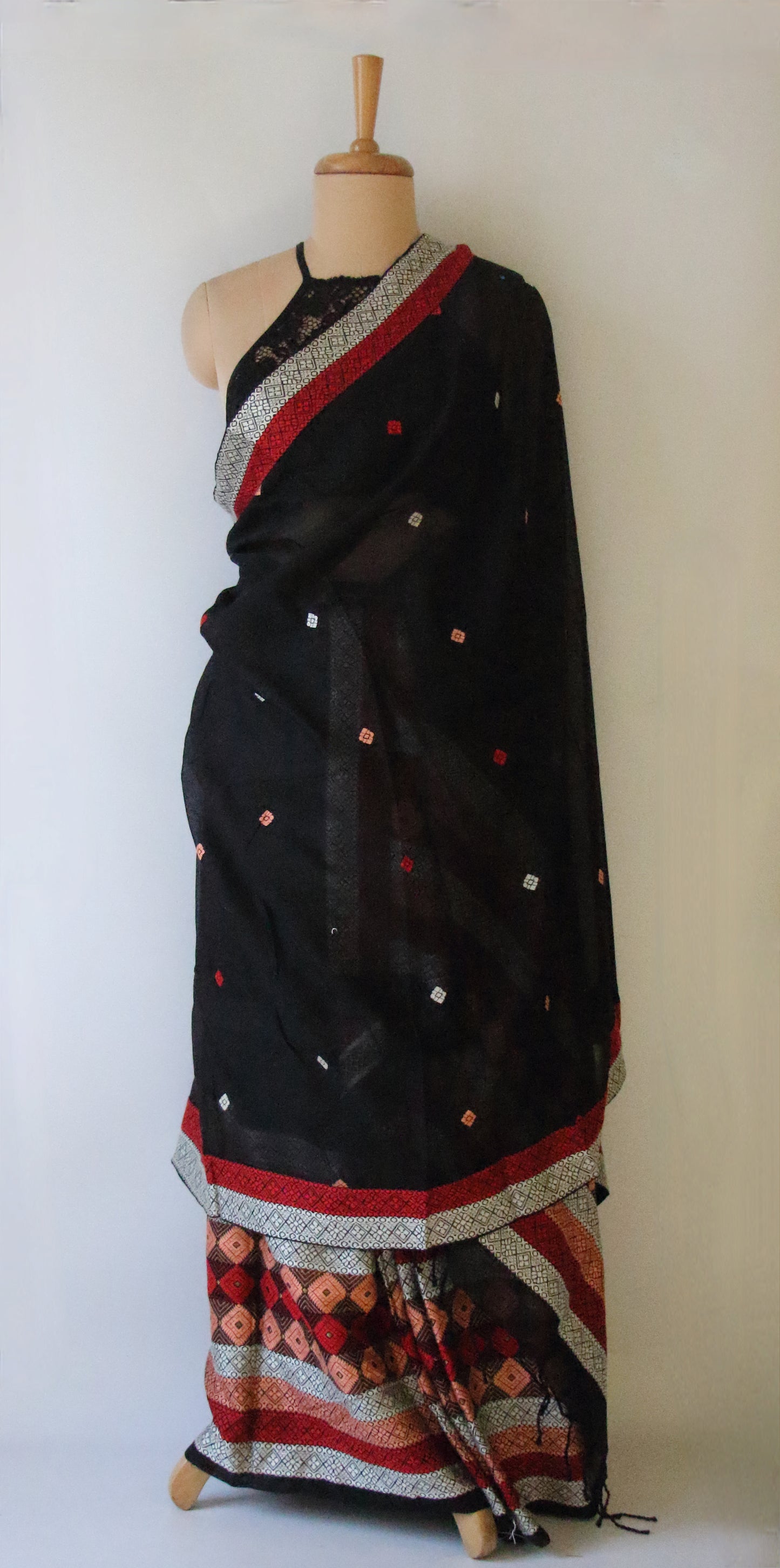 Black Cotton Silk Handloom Mekhela Chador Set from Assam