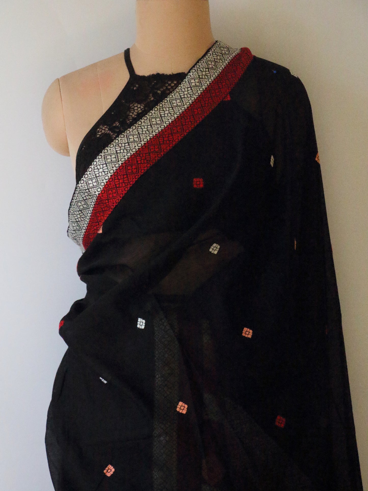 Black Cotton Silk Handloom Mekhela Chador Set from Assam