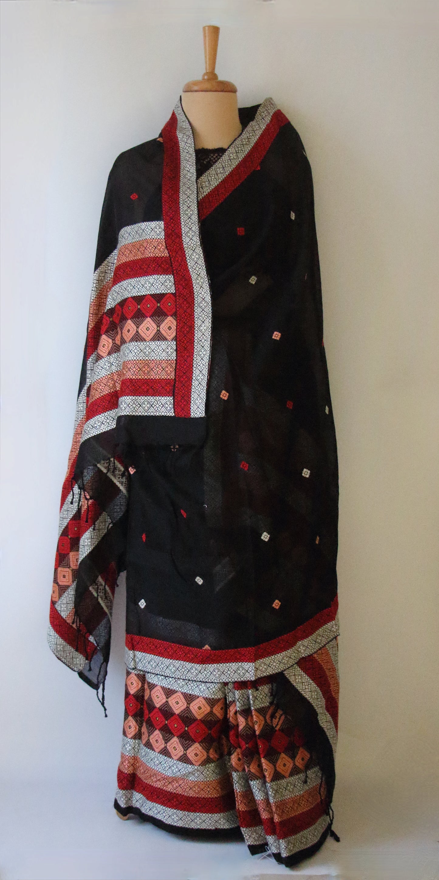 Black Cotton Silk Handloom Mekhela Chador Set from Assam