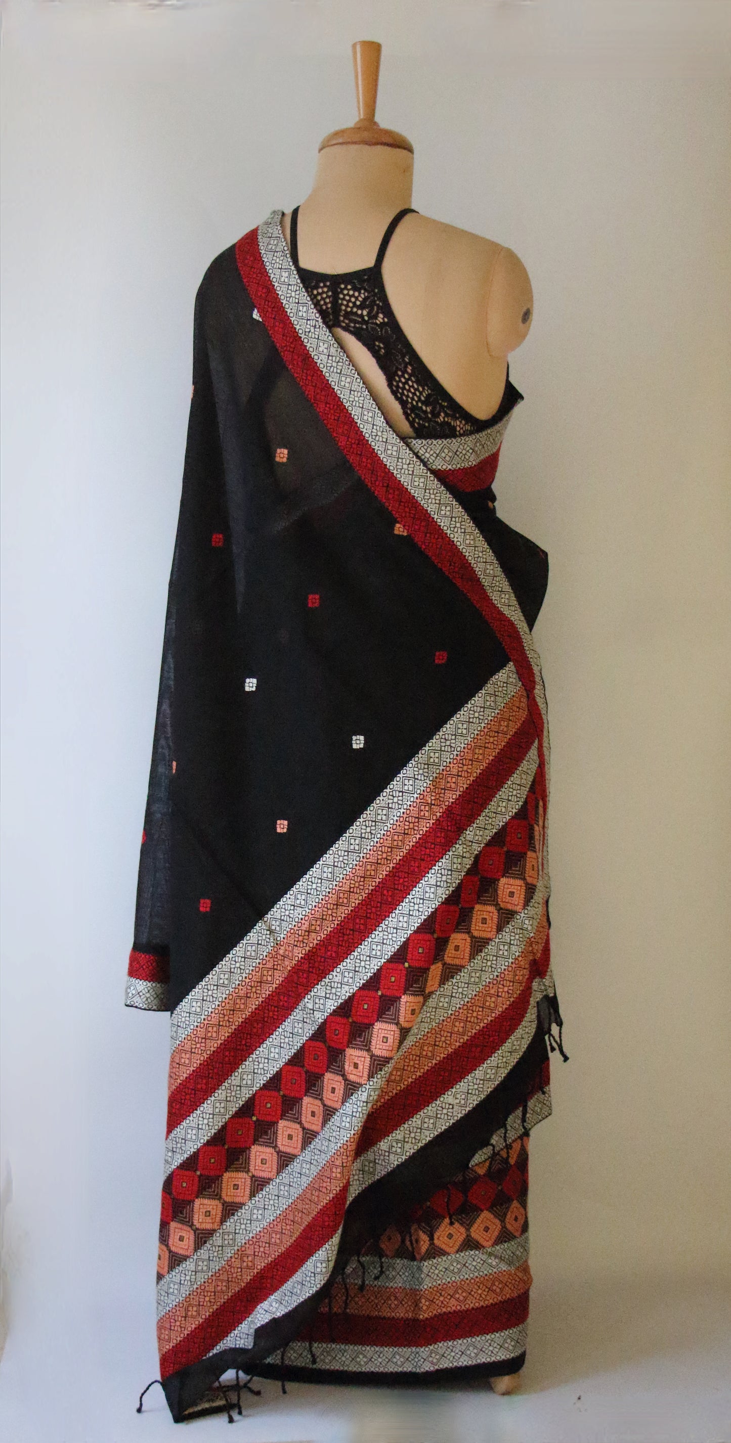 Black Cotton Silk Handloom Mekhela Chador Set from Assam