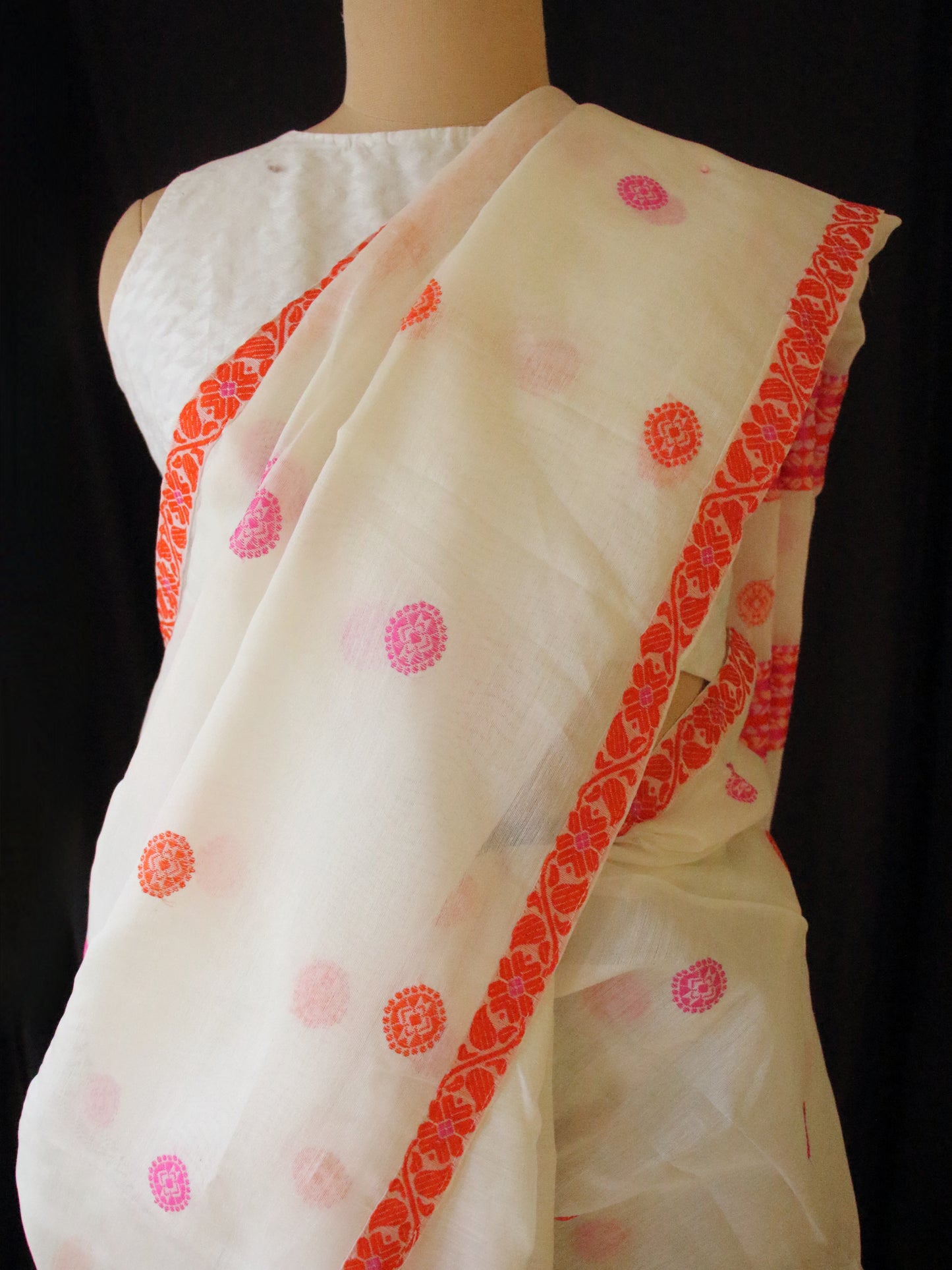 White Handloom Cotton Silk Saree from Assam