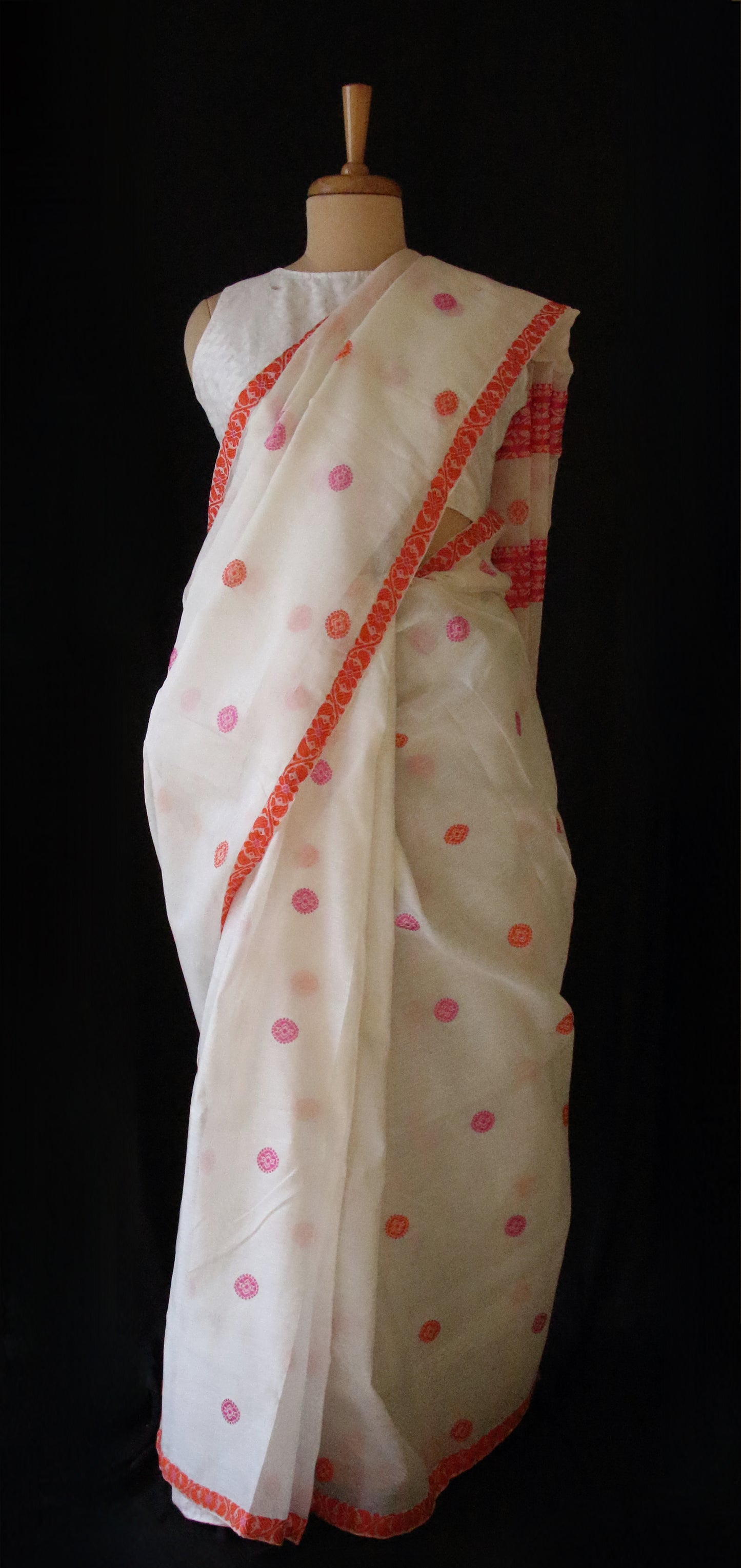 White Handloom Cotton Silk Saree from Assam