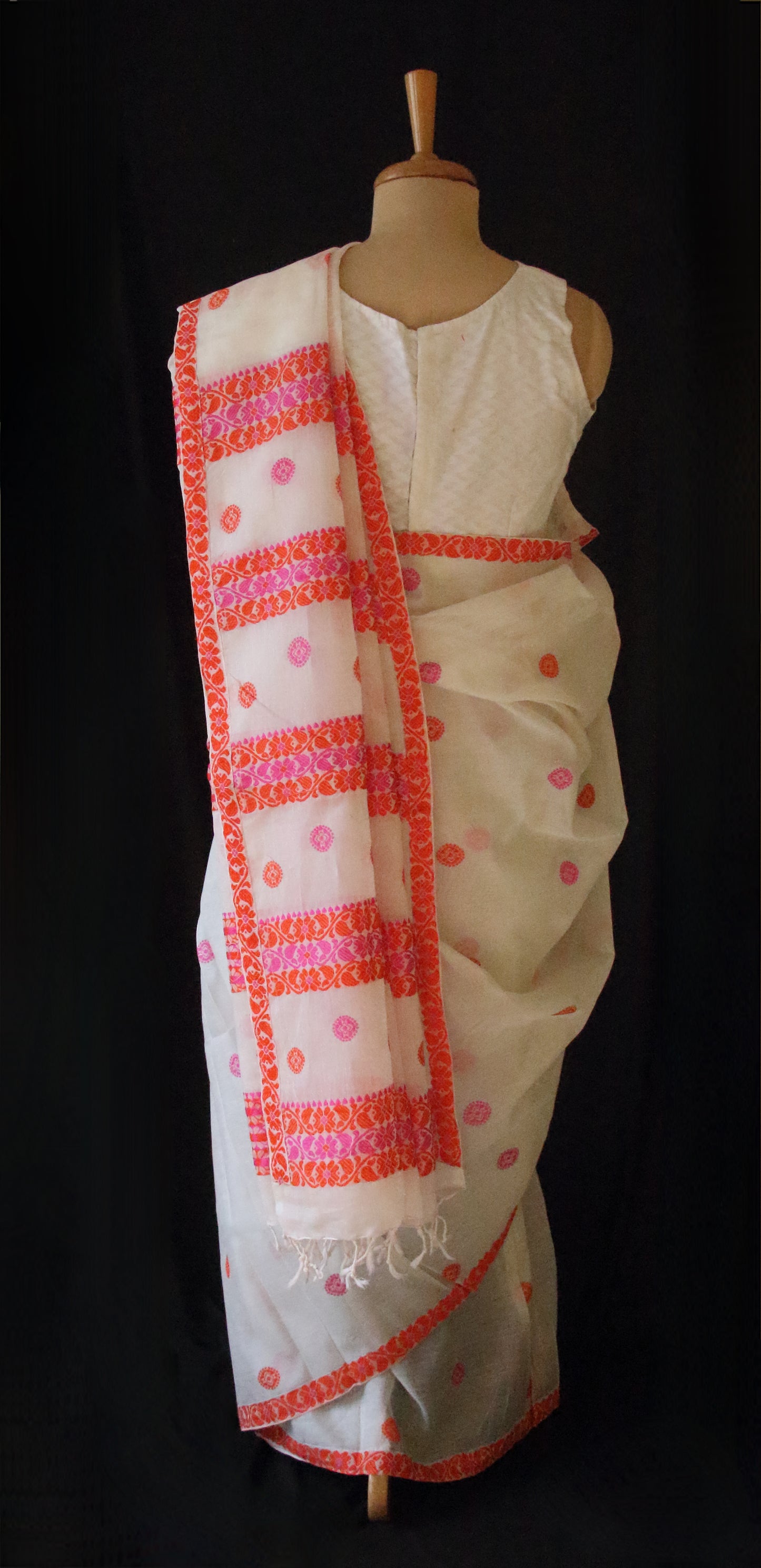 White Handloom Cotton Silk Saree from Assam