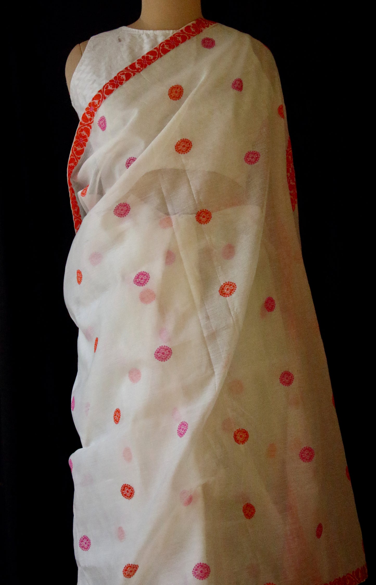 White Handloom Cotton Silk Saree from Assam