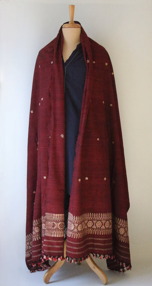Handwoven Maroon Hand Spun Eri Silk Shawl From Assam