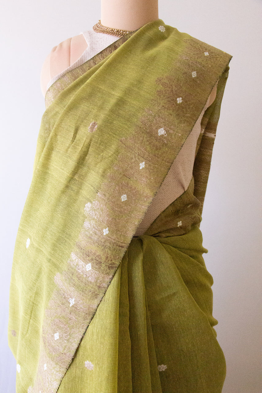 Natural Dyed Green Handloom Eri Silk / Mulberry Silk Sari from Assam