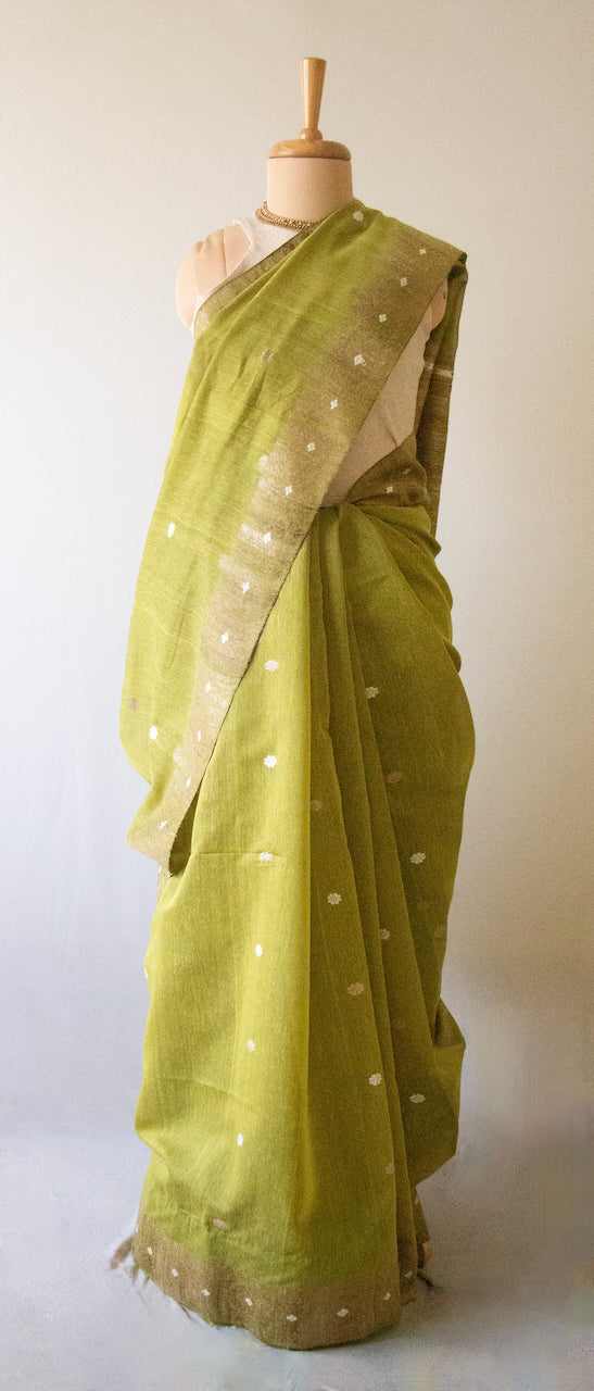 Natural Dyed Green Handloom Eri Silk / Mulberry Silk Sari from Assam