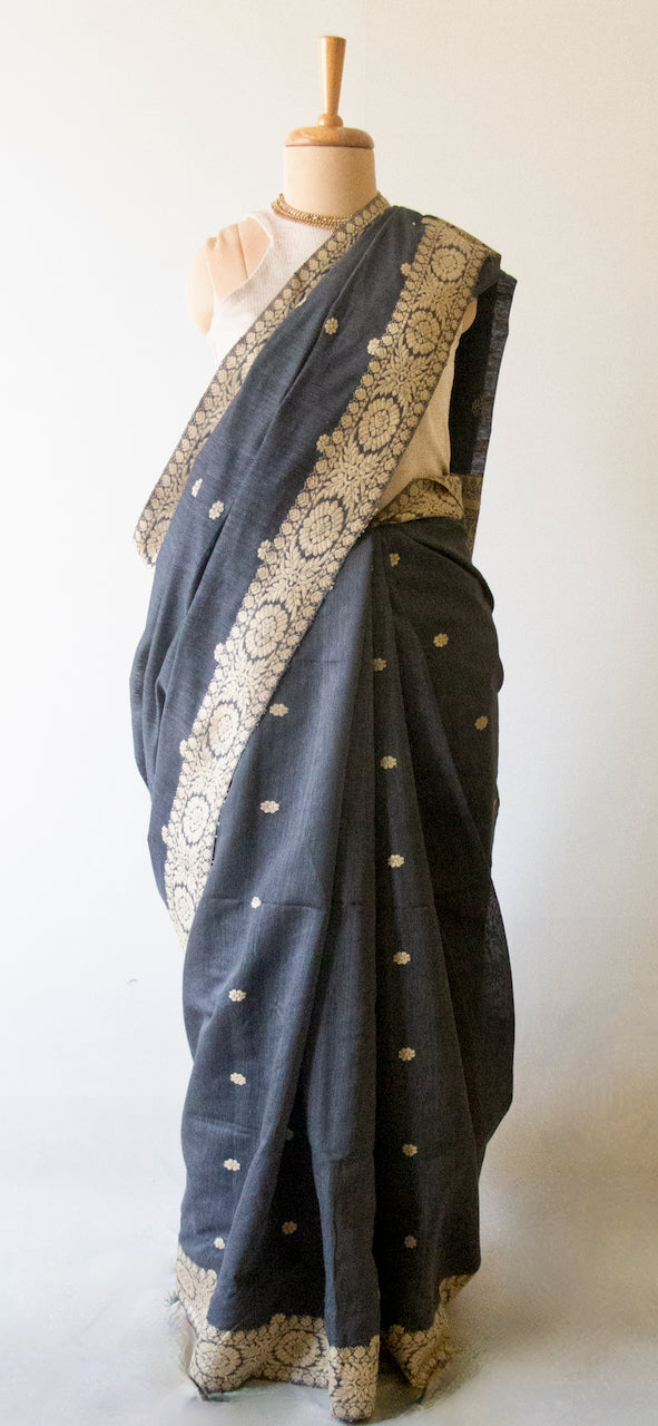 Natural Dyed Grey Handloom Eri Silk / Mulberry Silk Sari from Assam