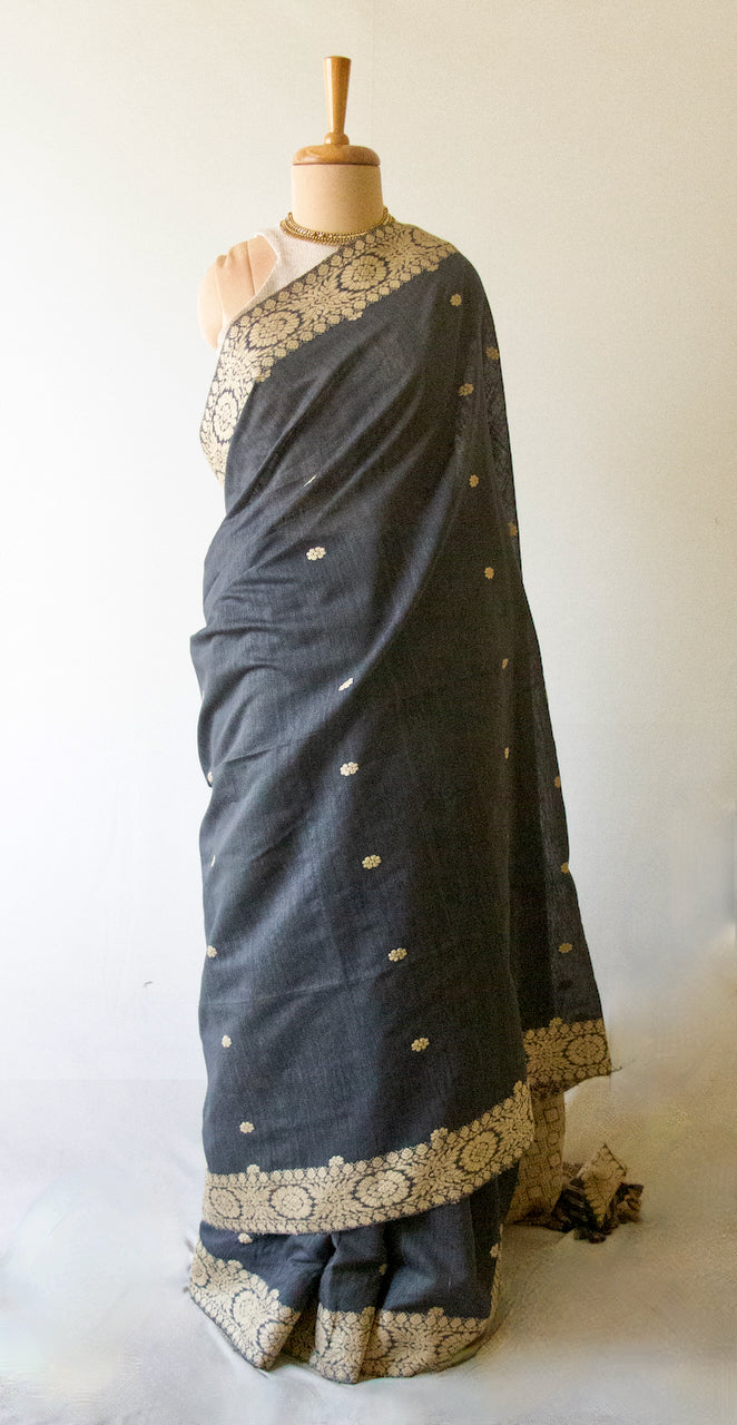 Natural Dyed Grey Handloom Eri Silk / Mulberry Silk Sari from Assam