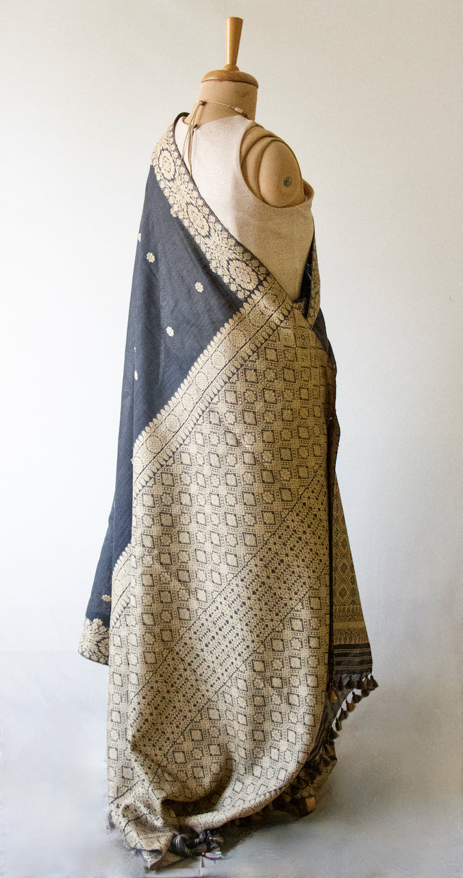 Natural Dyed Grey Handloom Eri Silk / Mulberry Silk Sari from Assam