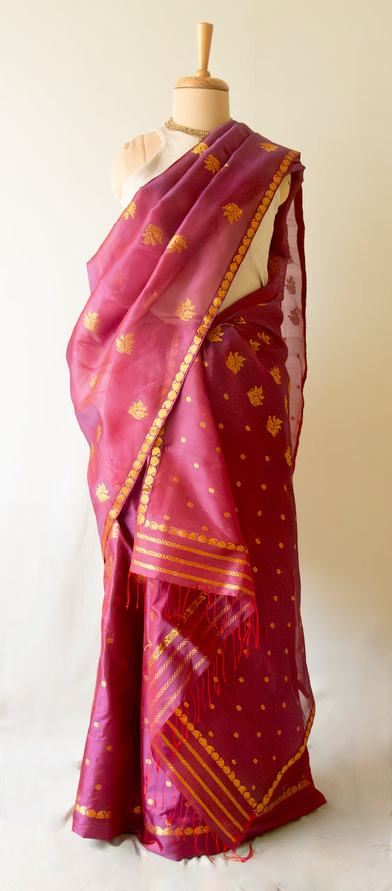 Wine Colour Traditional Handloom Mulberry Silk Mekhla Chador Set from Assam