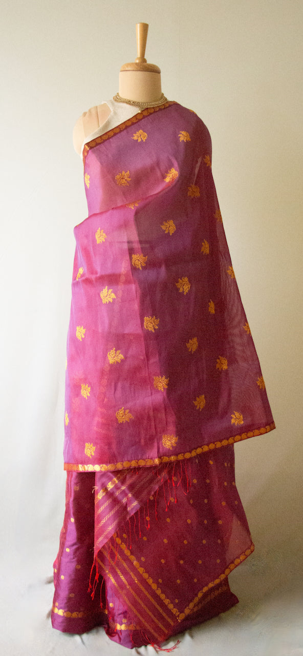 Wine Colour Traditional Handloom Mulberry Silk Mekhla Chador Set from Assam