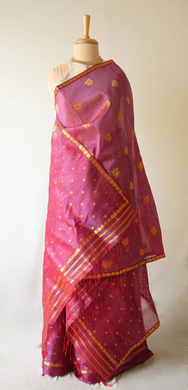 Wine Colour Traditional Handloom Mulberry Silk Mekhla Chador Set from Assam