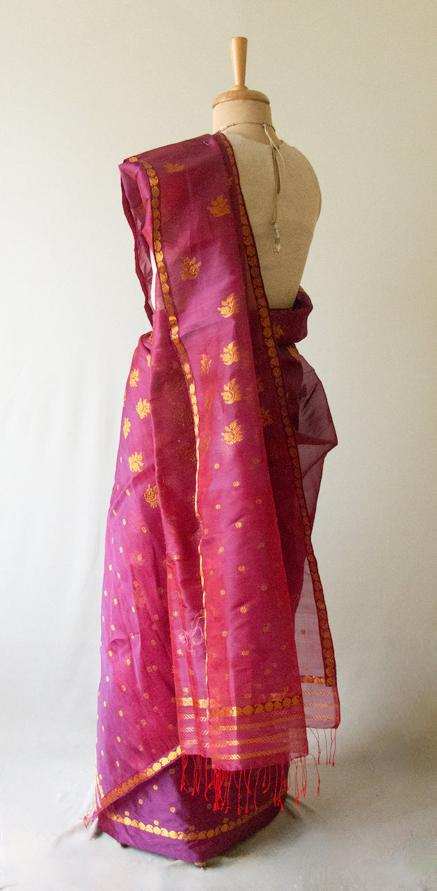 Wine Colour Traditional Handloom Mulberry Silk Mekhla Chador Set from Assam