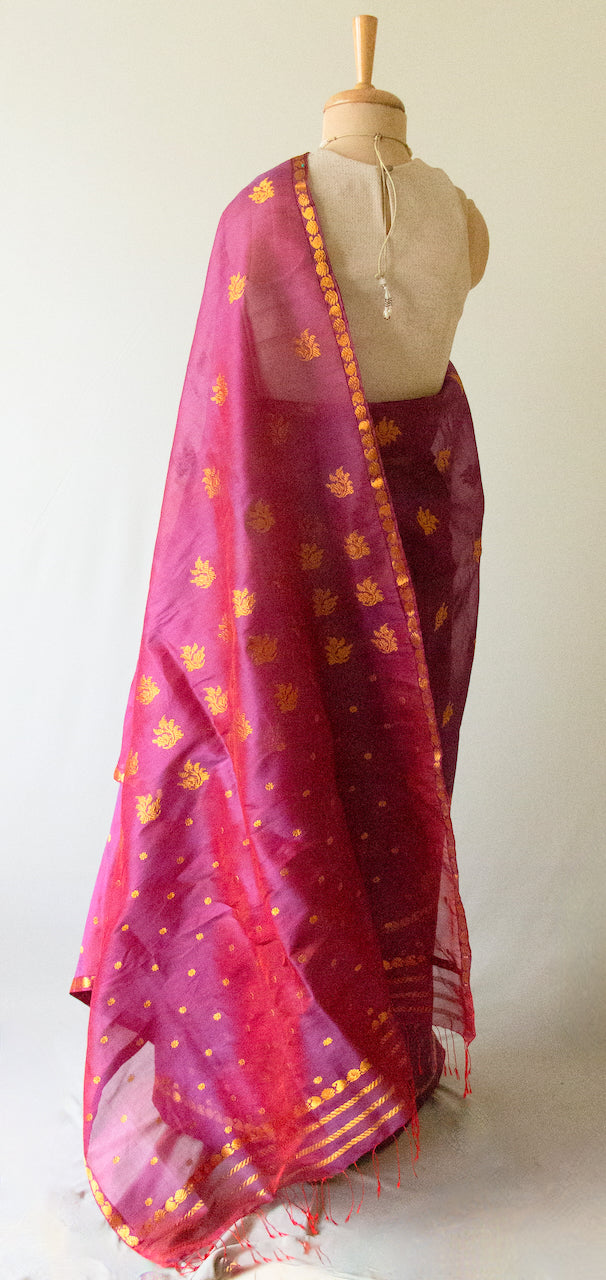 Wine Colour Traditional Handloom Mulberry Silk Mekhla Chador Set from Assam