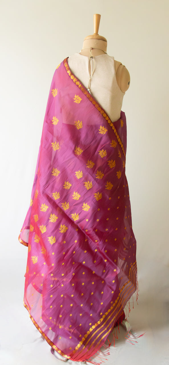 Wine Colour Traditional Handloom Mulberry Silk Mekhla Chador Set from Assam