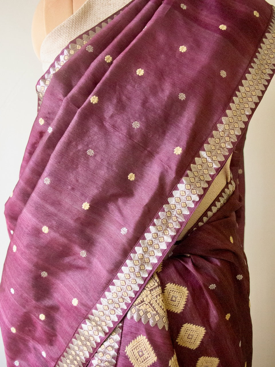 Wine Colour  Tassar Silk & Mulberry Silk Traditional Set / Mekhla Chador Set from Assam