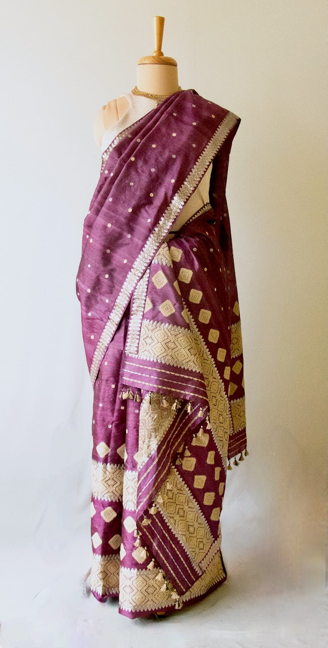 Wine Colour  Tassar Silk & Mulberry Silk Traditional Set / Mekhla Chador Set from Assam