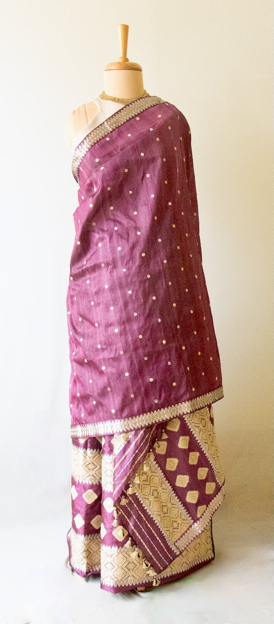 Wine Colour  Tassar Silk & Mulberry Silk Traditional Set / Mekhla Chador Set from Assam