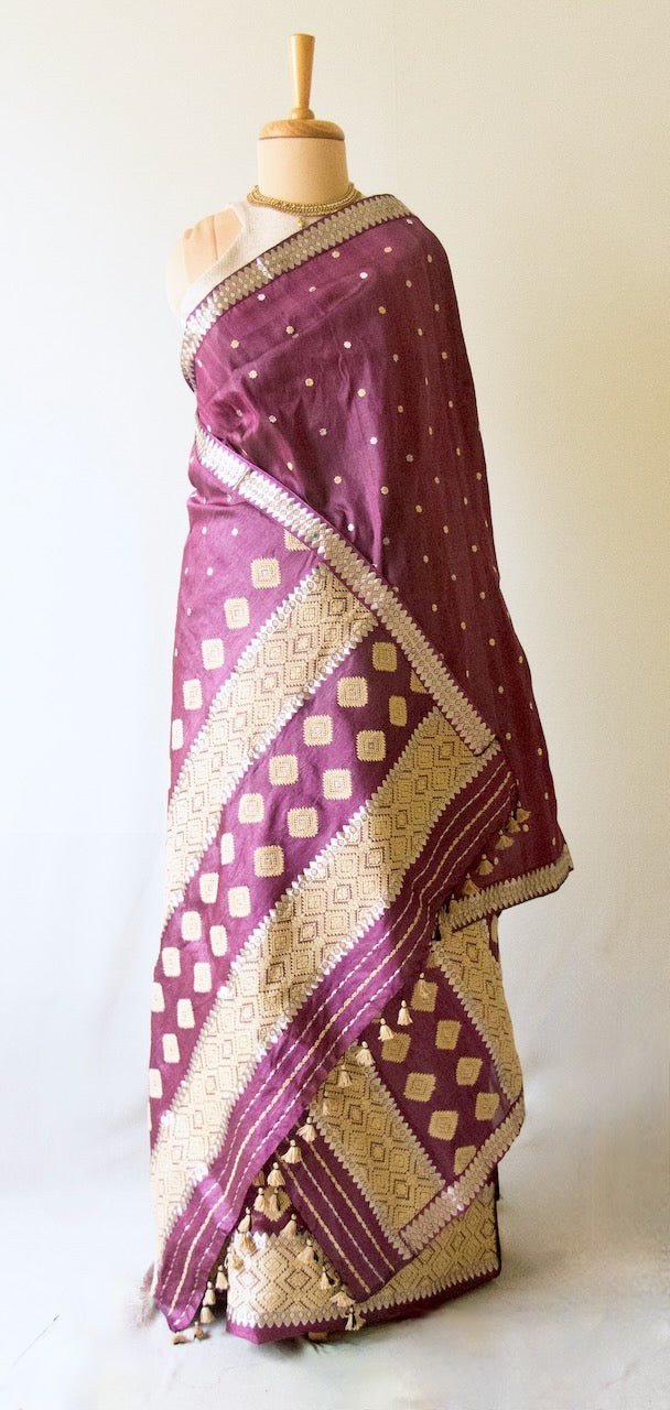 Wine Colour  Tassar Silk & Mulberry Silk Traditional Set / Mekhla Chador Set from Assam