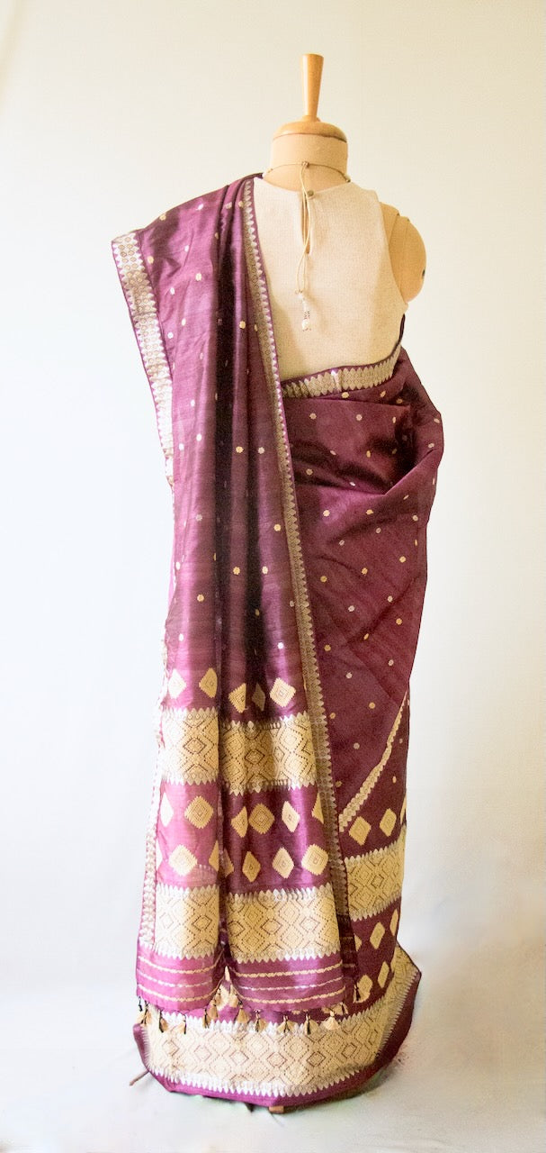 Wine Colour  Tassar Silk & Mulberry Silk Traditional Set / Mekhla Chador Set from Assam