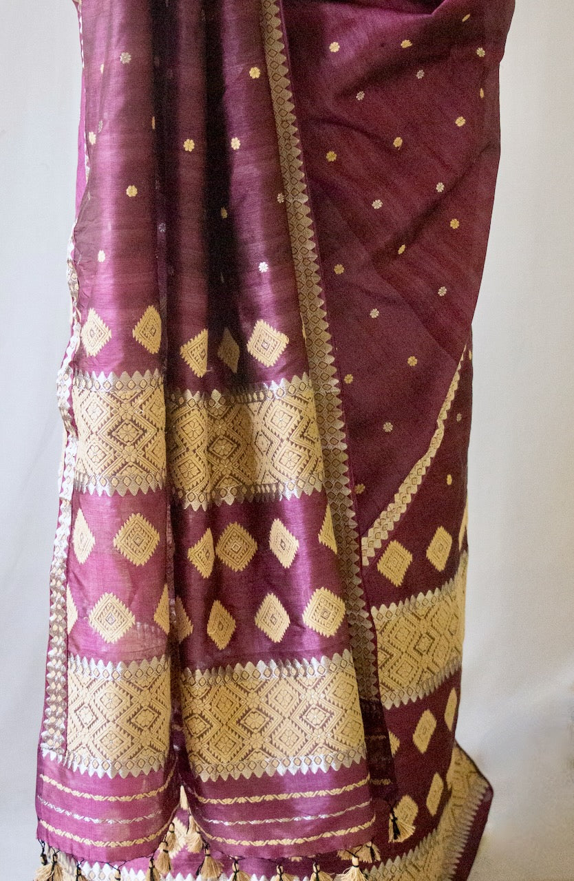 Wine Colour  Tassar Silk & Mulberry Silk Traditional Set / Mekhla Chador Set from Assam