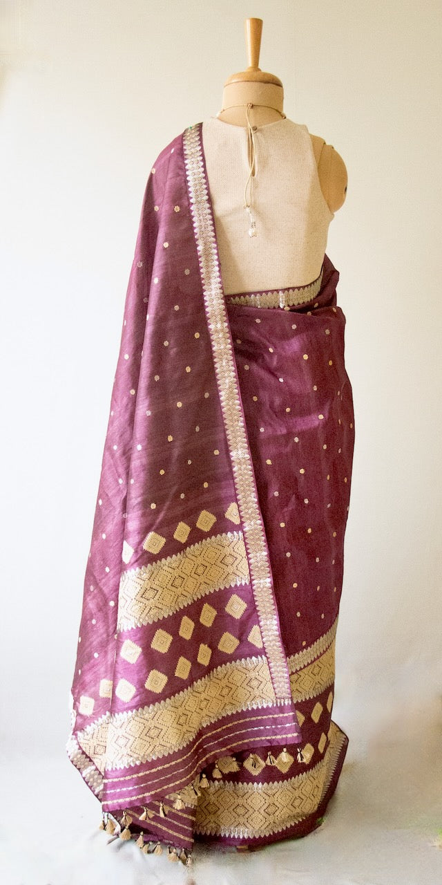 Wine Colour  Tassar Silk & Mulberry Silk Traditional Set / Mekhla Chador Set from Assam