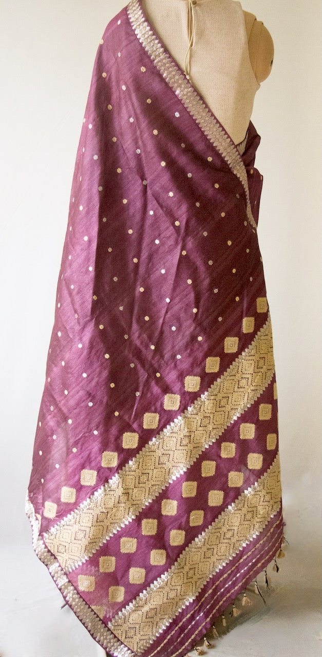 Wine Colour  Tassar Silk & Mulberry Silk Traditional Set / Mekhla Chador Set from Assam