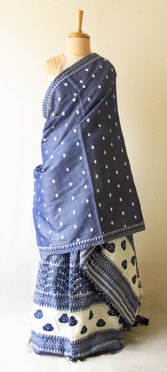 Indigo  Mulberry Silk by Eri Silk  Traditional Set / Mekhla Chador Set from Assam