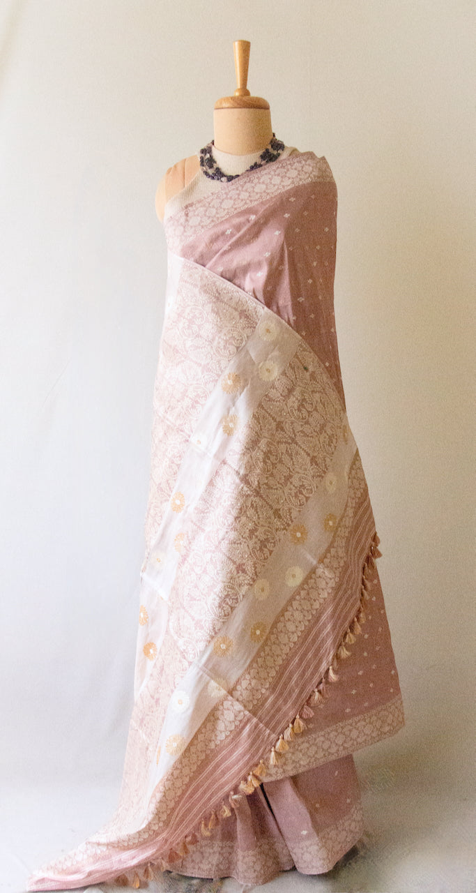 Soft Dusty Pink Natural Dyed Mulberry Silk Saree from Assam