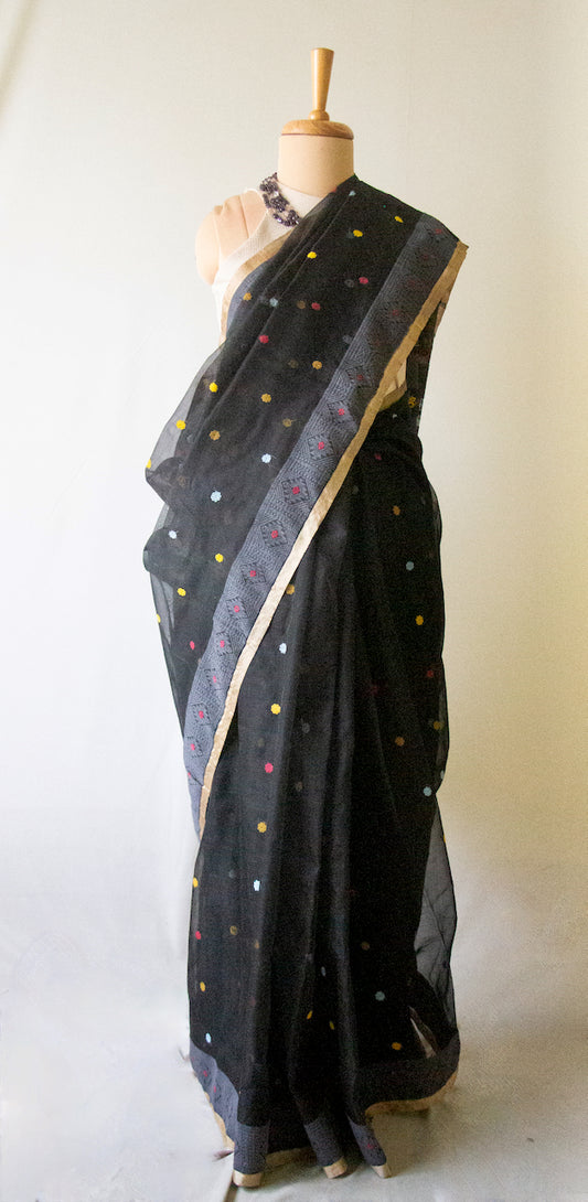 Natural Dyed Black Handloom Organza  Silk Sari From Assam