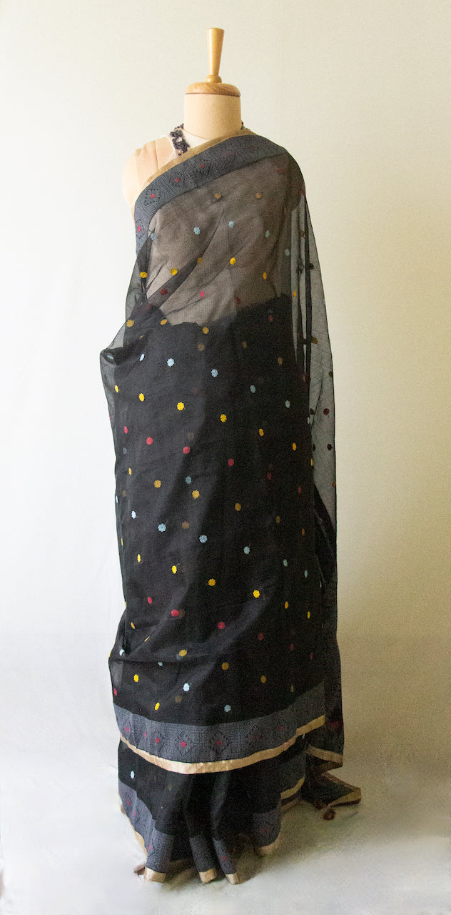 Natural Dyed Black Handloom Organza  Silk Sari From Assam