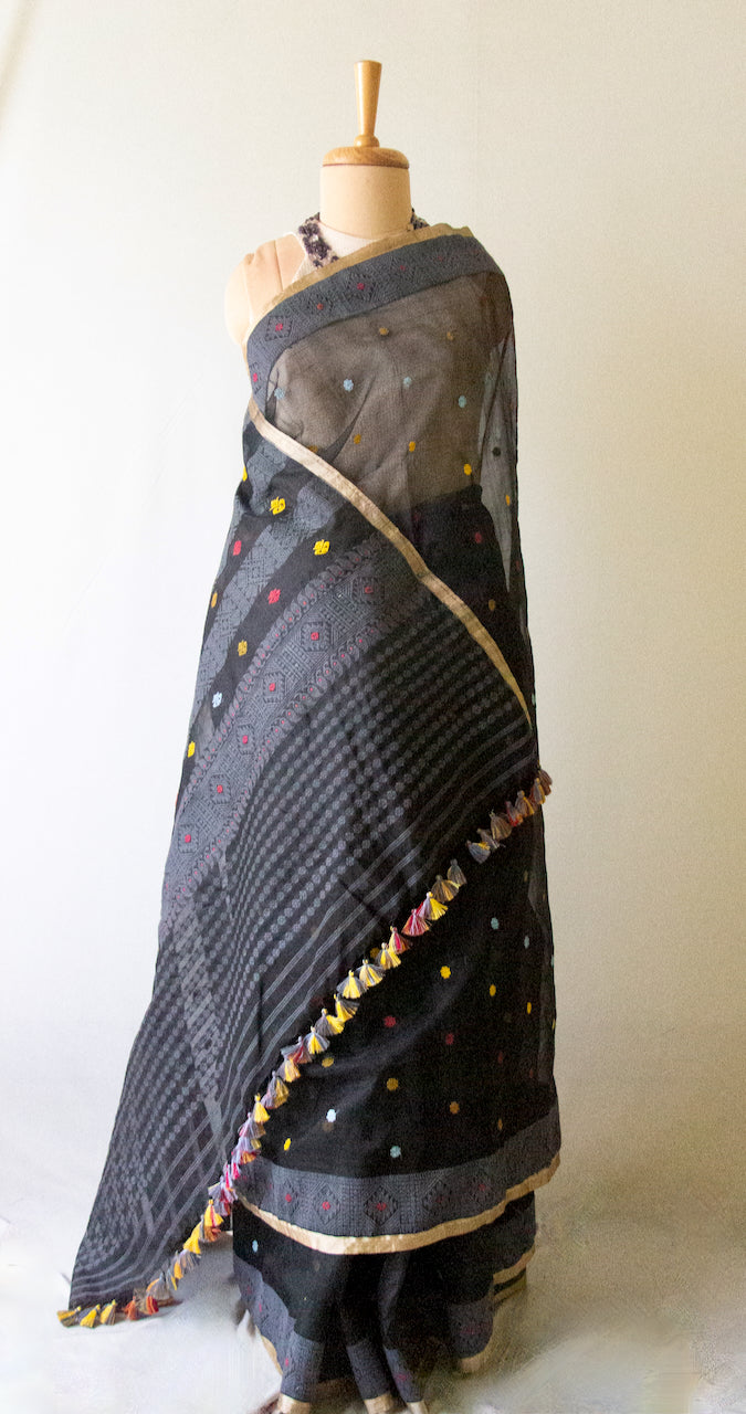 Natural Dyed Black Handloom Organza  Silk Sari From Assam