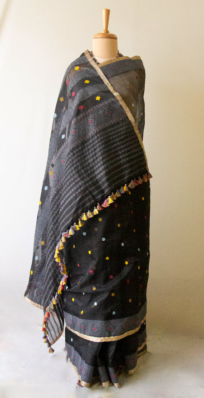 Natural Dyed Black Handloom Organza  Silk Sari From Assam