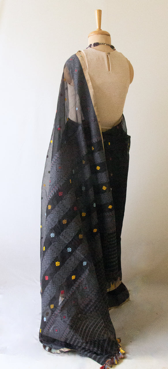 Natural Dyed Black Handloom Organza  Silk Sari From Assam