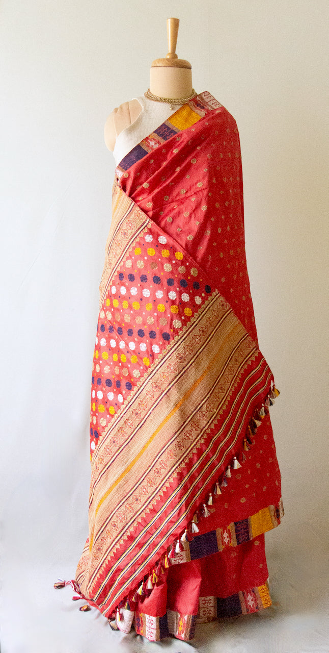 Red Natural Dyed Mulberry Silk Saree from Assam