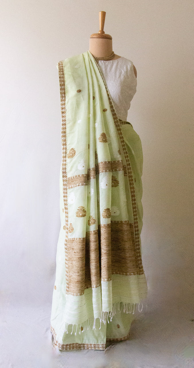 Light Green  Handloom Cotton Silk Saree from Assam