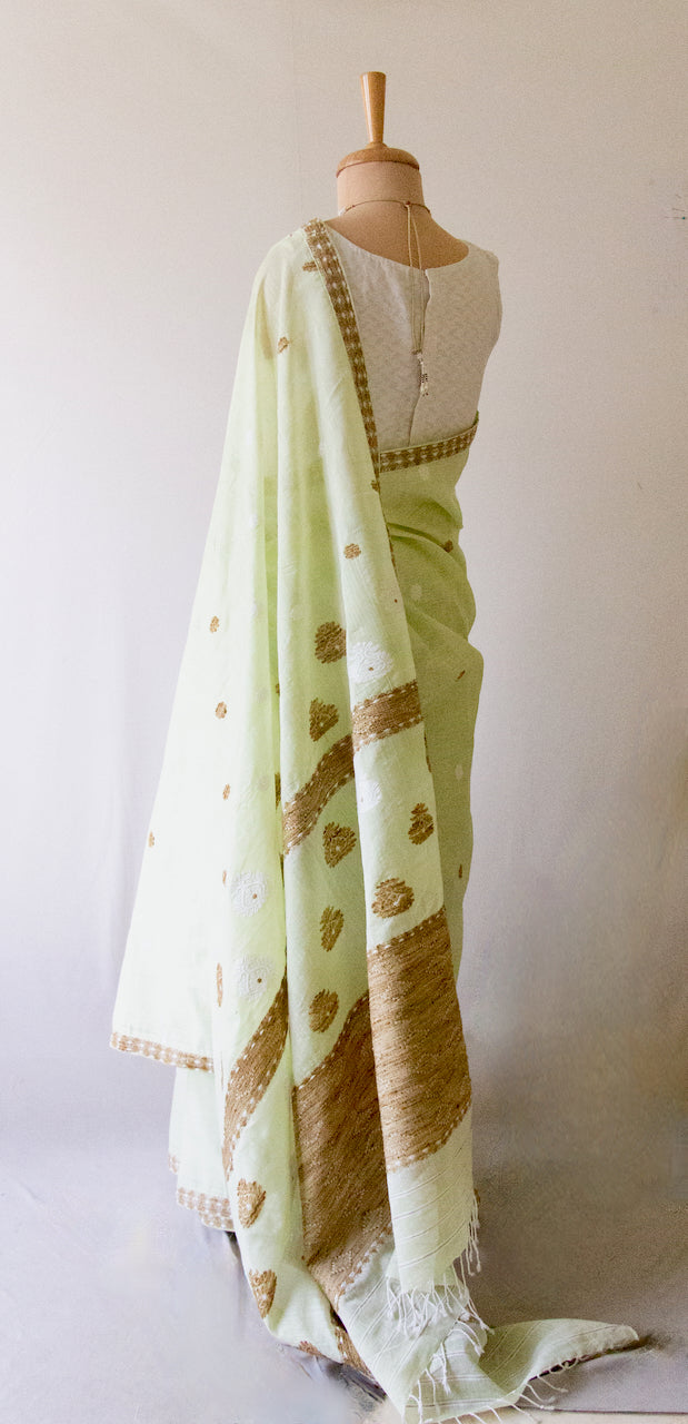 Light Green  Handloom Cotton Silk Saree from Assam