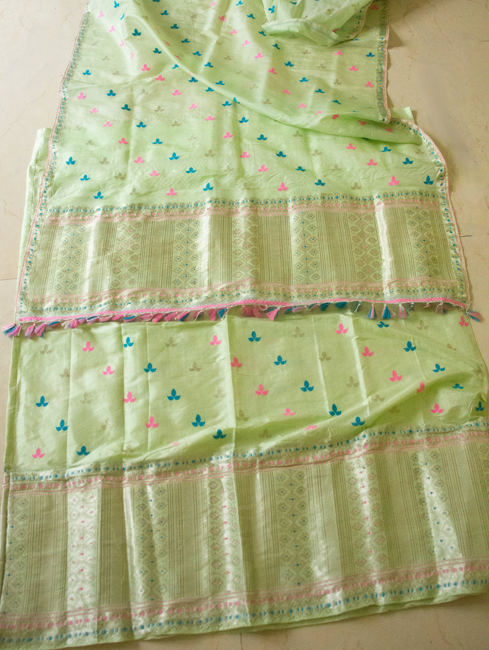 Pista Green Traditional Mekhela Sador Set from Assam