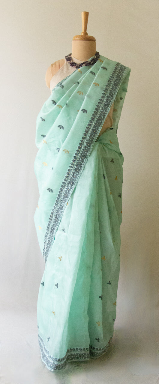 Sea Green Handloom Silk Organza Saree from Assam