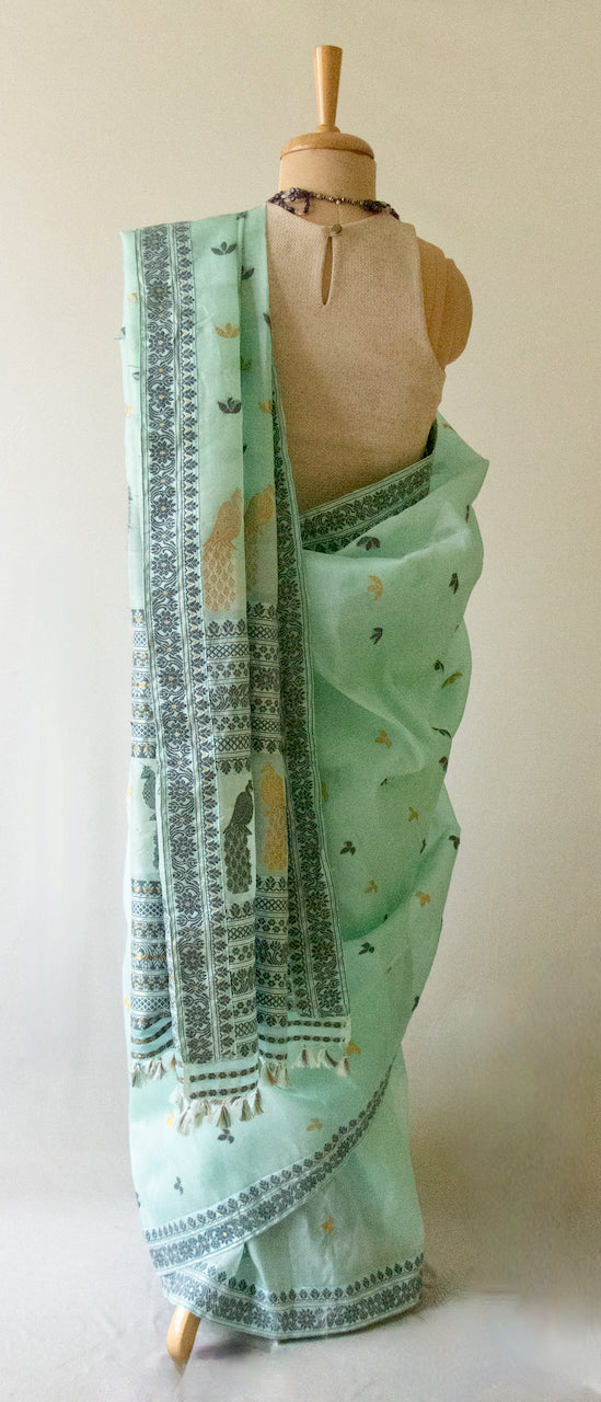 Sea Green Handloom Silk Organza Saree from Assam