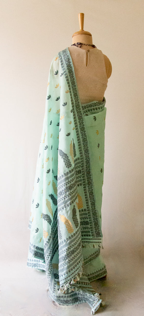 Sea Green Handloom Silk Organza Saree from Assam