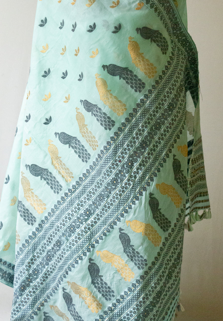 Sea Green Handloom Silk Organza Saree from Assam