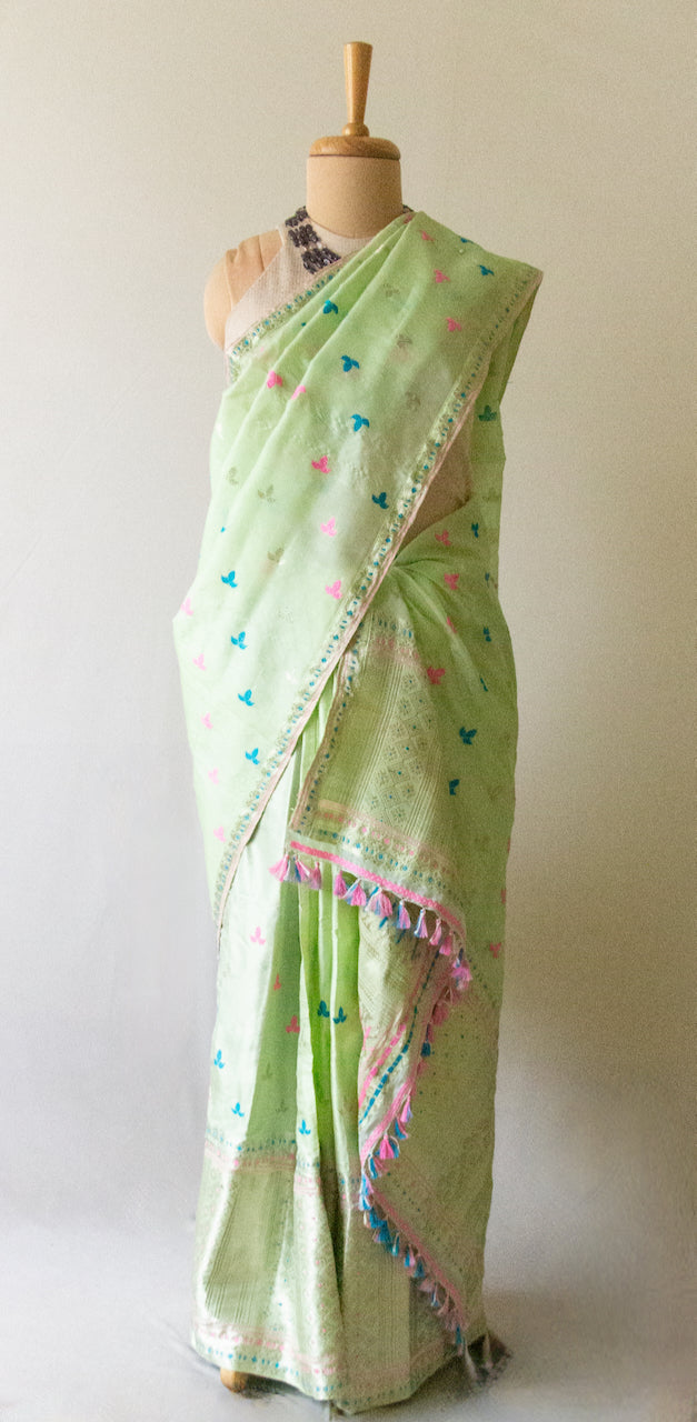 Pista Green Traditional Mekhela Sador Set from Assam