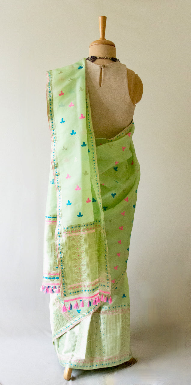 Pista Green Traditional Mekhela Sador Set from Assam