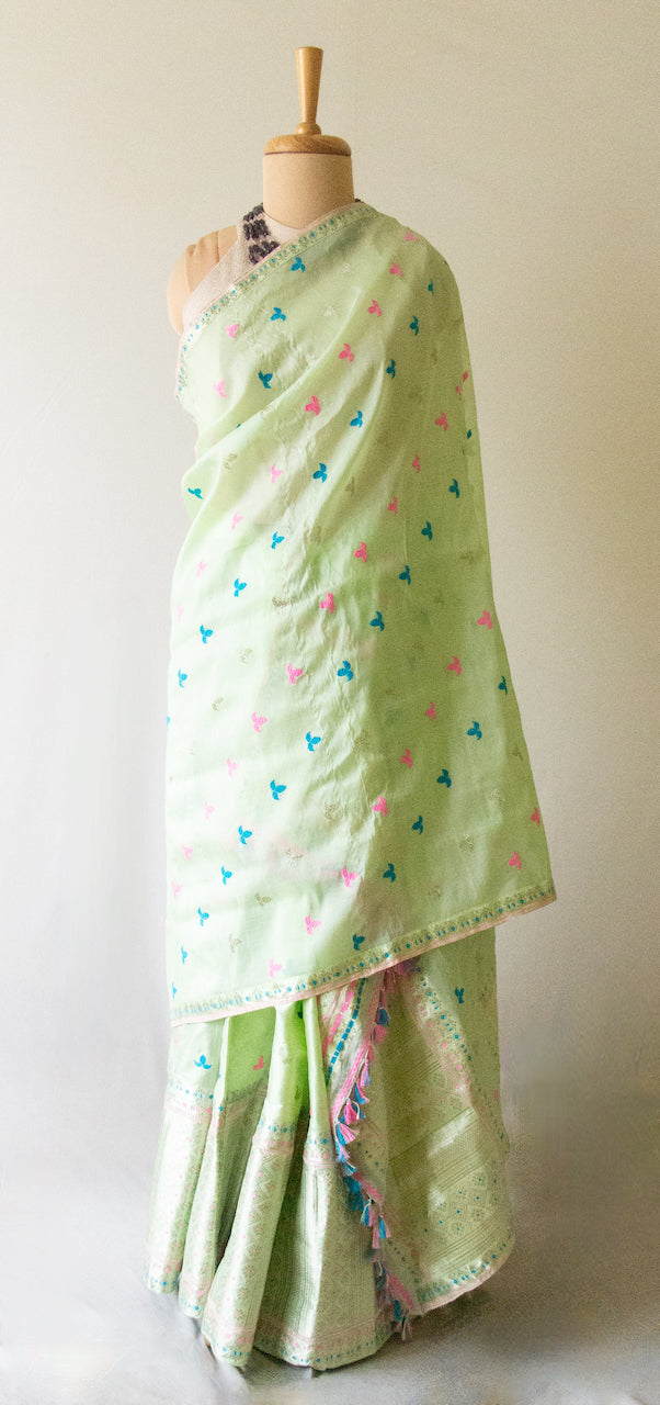 Pista Green Traditional Mekhela Sador Set from Assam