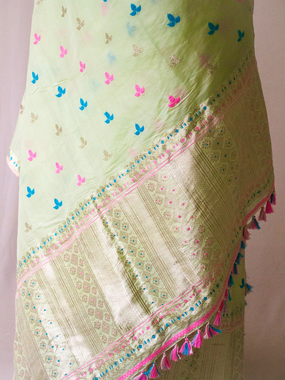 Pista Green Traditional Mekhela Sador Set from Assam