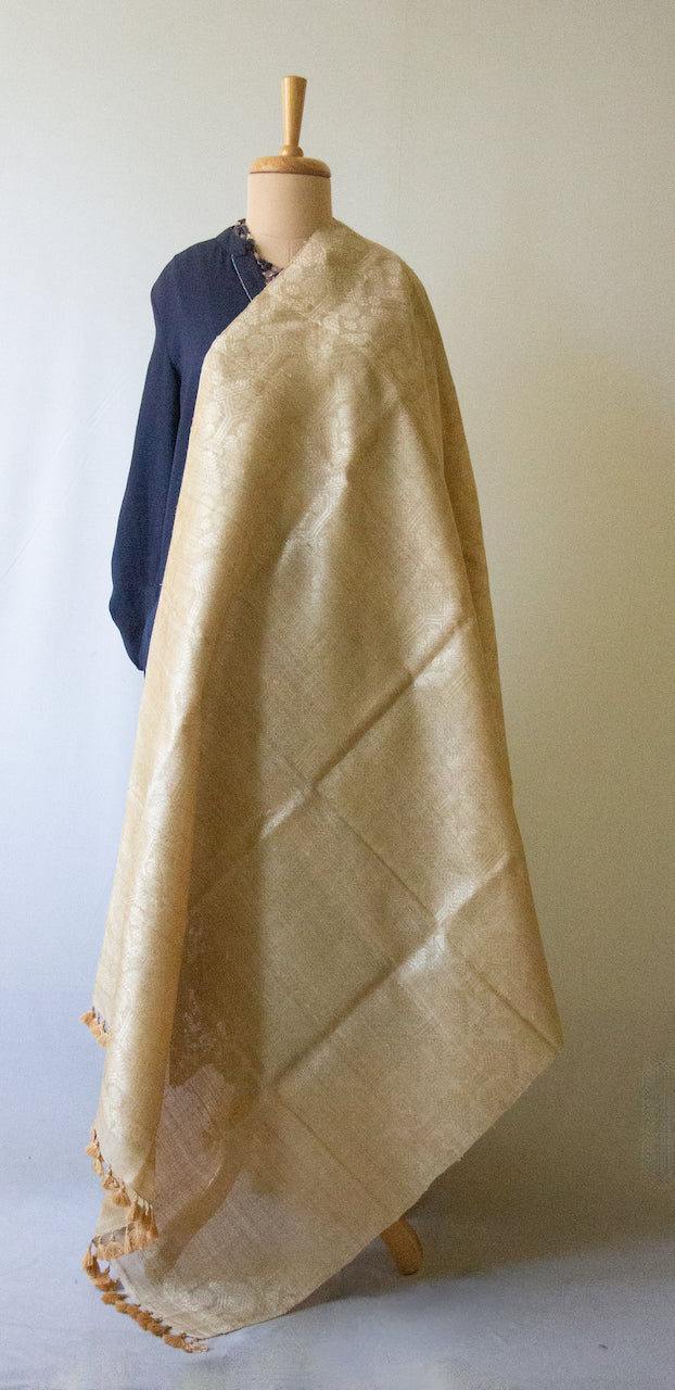 Hand woven authentic Muga Silk Dupatta / Wrap with all over Muga Silk Motifs  from Assam , India